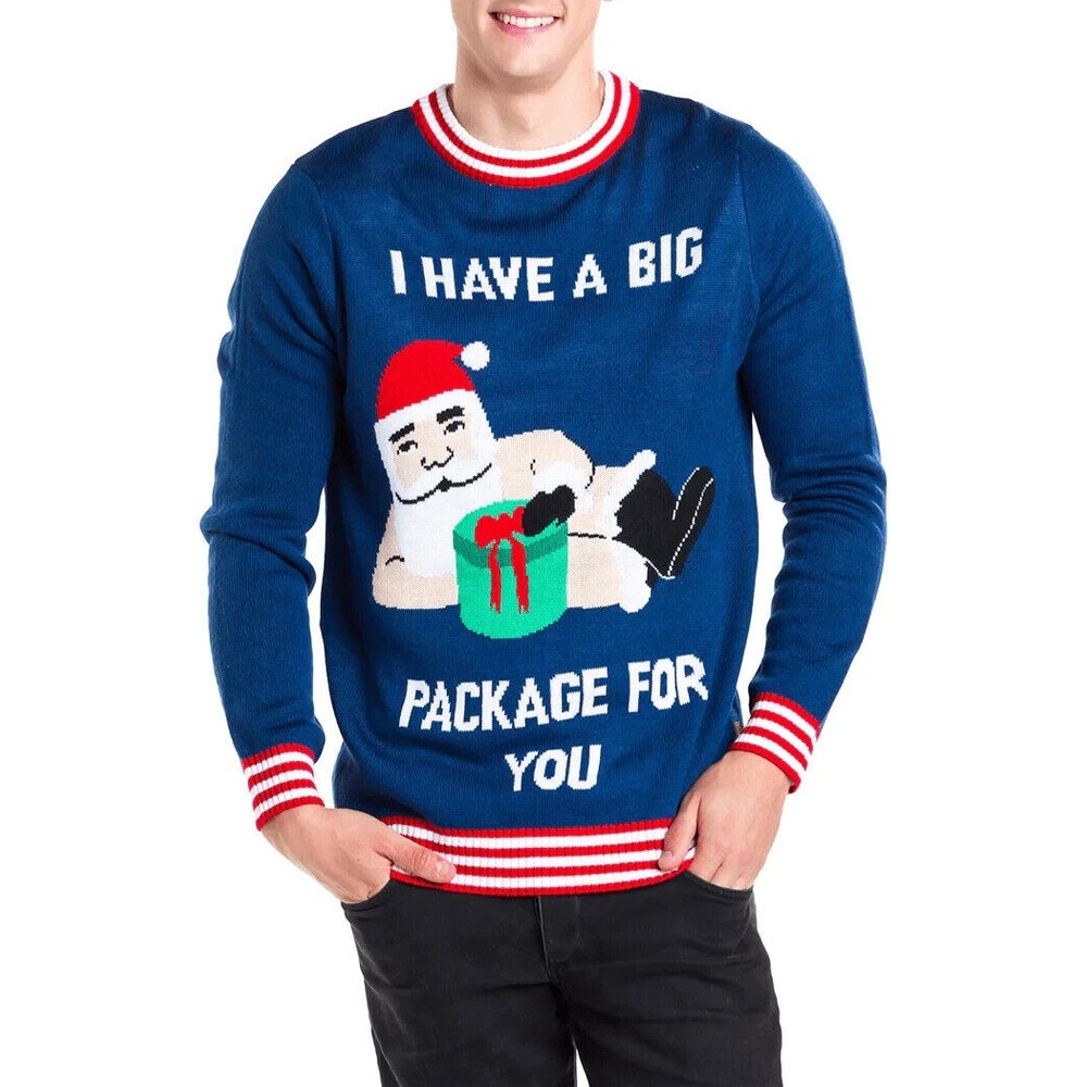 TIPSY ELVES BIG PACKAGE UGLY CHRISTMAS SWEATER Men's‎ Size Small  BLUE NEW!!